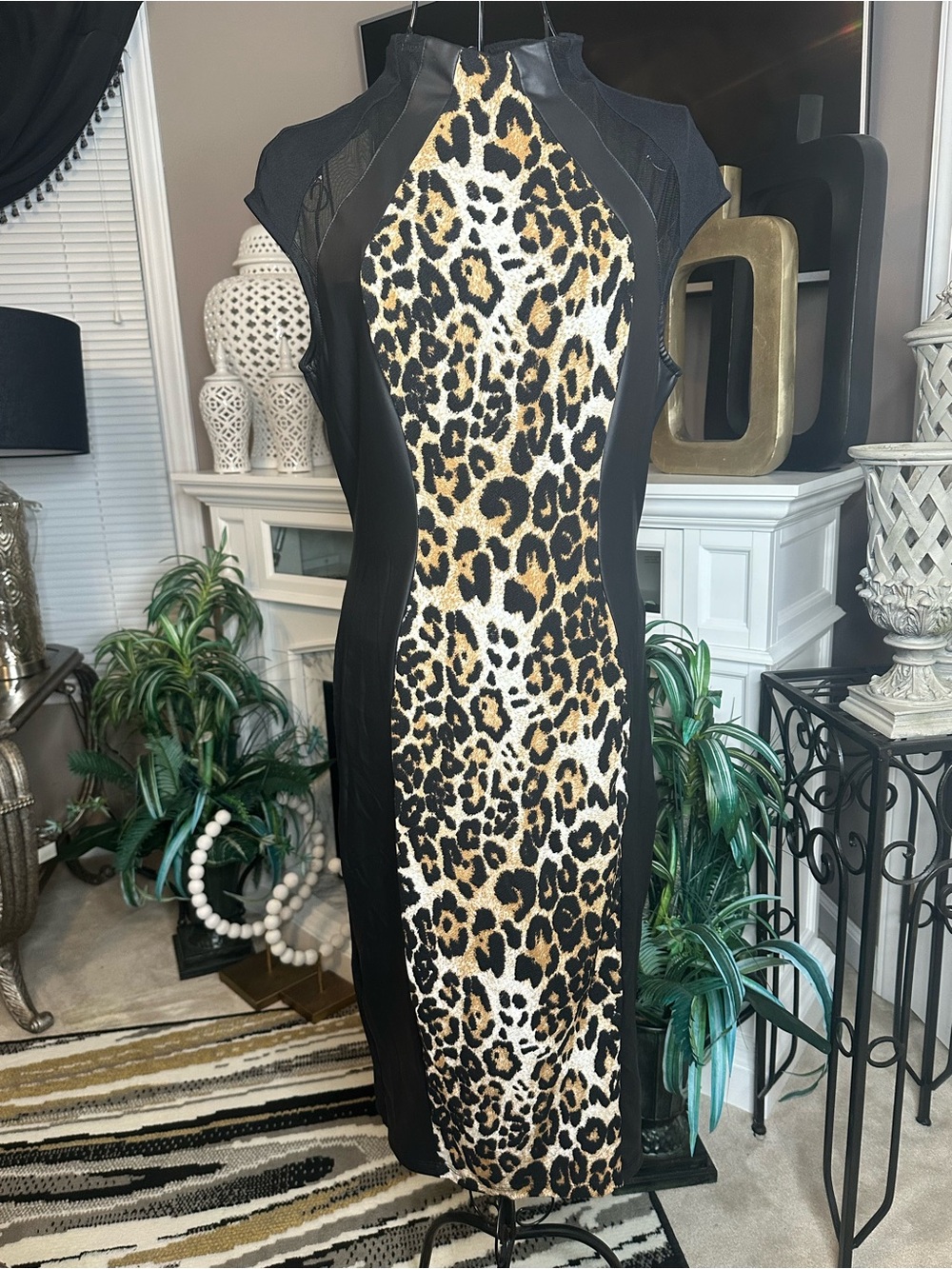 cameo Black Midi Dress with Leopard Print Center Panel